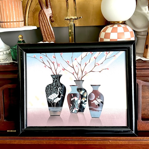 Vintage Other - Vintage 90s Airbrushed Canvas Art Asian Vases Cranes Blossoms Framed Painting
